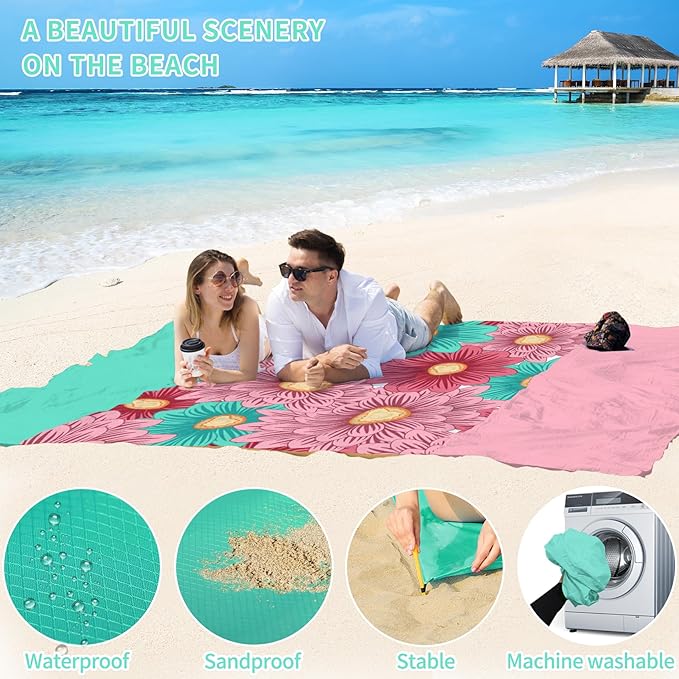 BYDOLL Beach Blanket Sandproof Waterproof 78''×81'' 1-4 Adults Floral Compact Lightweight Oversized Beach Blanket Large Picnic Mat Beach Blanket for Travel Camping Hiking Picnic