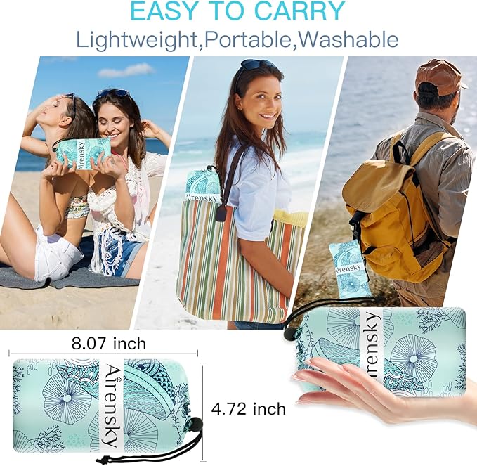 Airensky Beach Blanket Sandproof, Oversized Beach Mat 79" X 82" for 4-7 Adults, Waterproof Beach Blanket Quick Drying Lightweight Blanket with 4 Stakes for Outdoor Travel Camping Hiking(Green Whales)