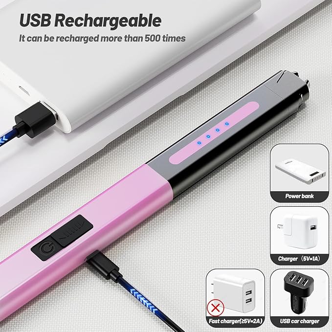 VEHHE Lighter, Electric Candle Lighter Rechargeable, Windproof & Flameless Arc Lighter for Candles, USB Long Lighter for Kitchen Camping（Purple）