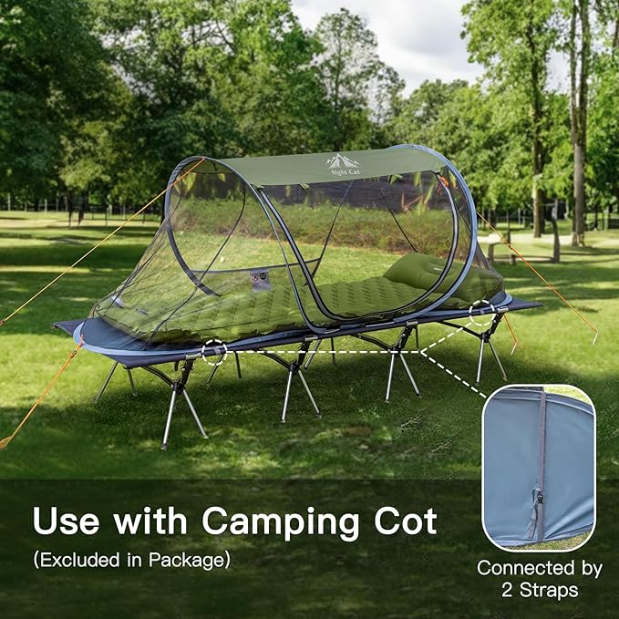 Night Cat Pop-up Mosquito Tent: 1 Person Camping Tent with Bug Screen Net Adults Kids Fits with Camping Cot (Exclueded)