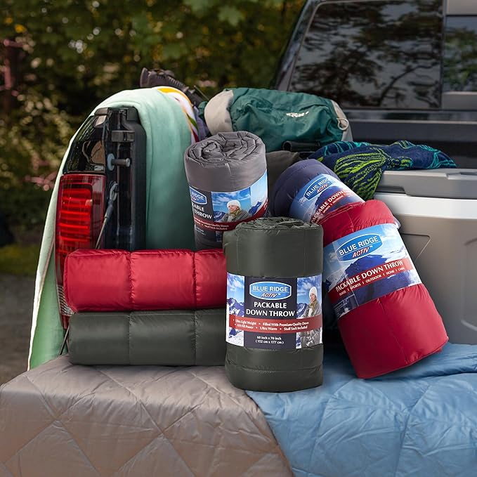 Blue Ridge Home Fashions Outdoor Down Throw Blanket for Camping Hiking - Packable Lightweight and Durable Blanket 60" x 70" with Carrying Pouch, 650 Fill Power Puffy Travel Picnic Beach Blanket
