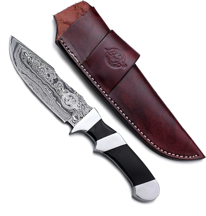 Handmade Damascus Steel Fixed Blade Bowie Knife For Edc,Hunting,Survival,Camping,Bushcraft and Fishing Fixed Blade Drop Point Blade Full Tang Micarta Handle with Cowhide-Leather Sheath -WKD-806