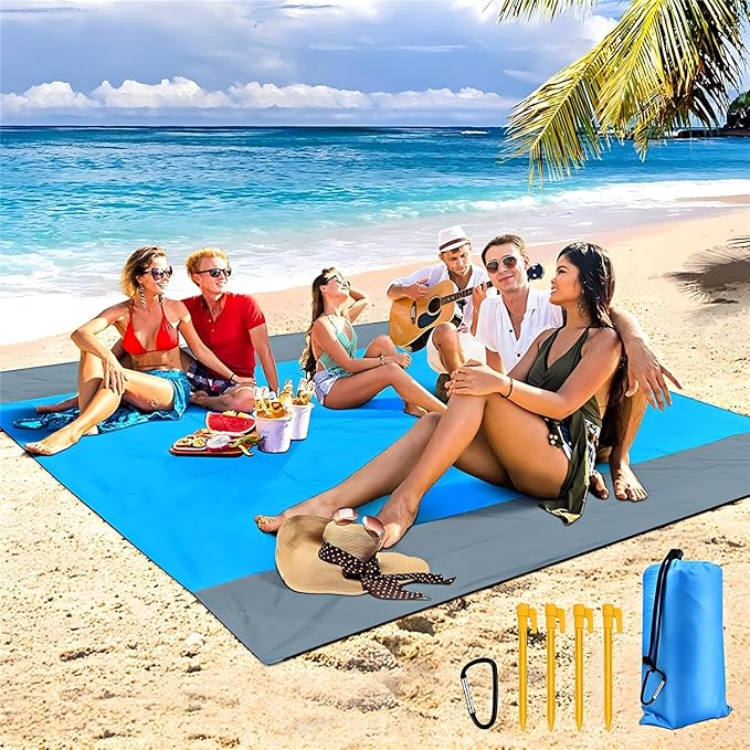 Large Beach Blanket 79''×83'' Double-Sided Waterproof Outdoor Mat with Ground Nails,Lightweight Picnic Blanket for Camping, Hiking, Picnic, Beach, Travel, Sports