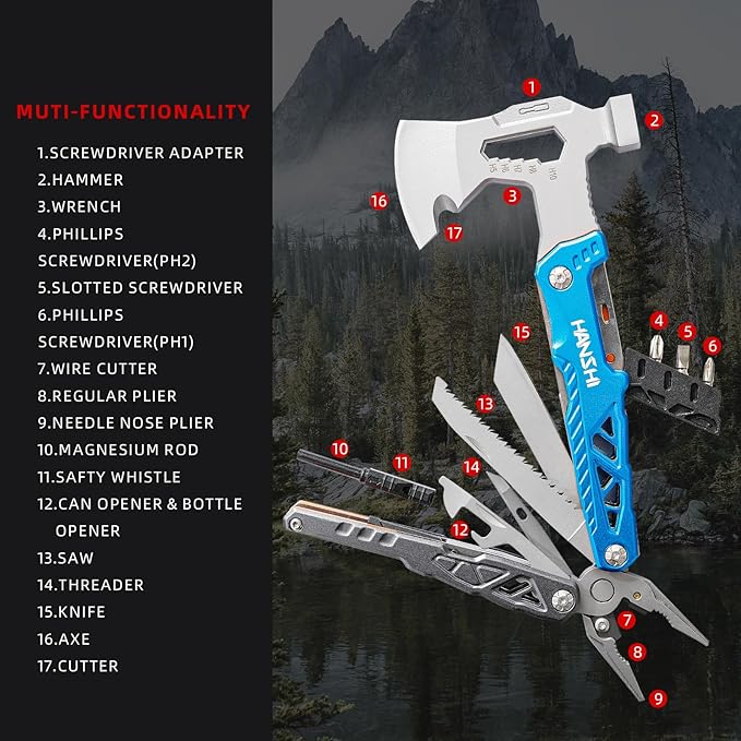 Camping Axe Multitool with YG10 Tungsten Steel Replaceable Wire Cutters for Gift,17 in 1 Multi Tool with Spring-Action Pliers,Knife,Screwdriver,Flint Rob,Safty Whistle with Nylon Sheath (Blue)