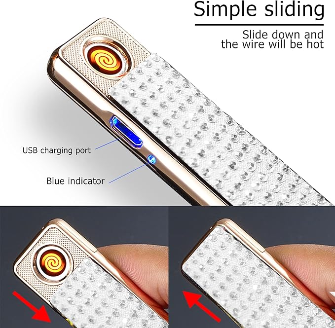 Rhinestone Lighter Electric Lighter Rechargeable Bling Glitter USB Lighter Flameless Girls Lighter for Women (White Sliver)