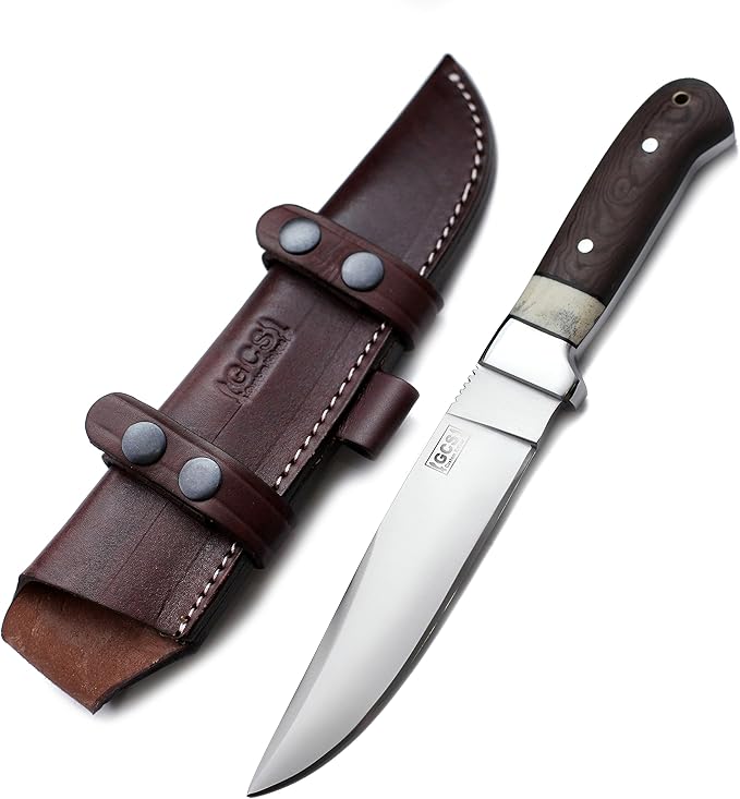 GCS Handmade D2 Steel Tactical Survival Hunting Camping Knife Brown Micarta Handle with Brown Leather Right or Left Hand Horizontal Fixed Blade Knife Sheath & Sharpening Stone GCS209