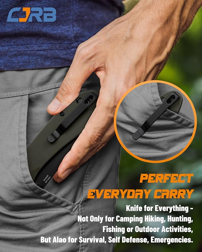 CJRB CUTLERY Folding Knife Feldspar(J1912) AR-RPM9 Powder Steel Black PVD Blade G10 Handle Pocket Knife EDC Knife,Army Green Handle