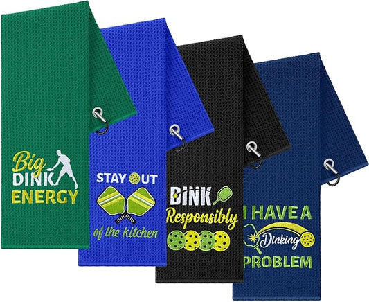 Hosuly 4 Pieces Funny Dinkball Towels Microfiber Cotton Athletic Towels with Clip Embroidered Towel Gift for Men Women Dinkball Lovers(Men,Stylish)
