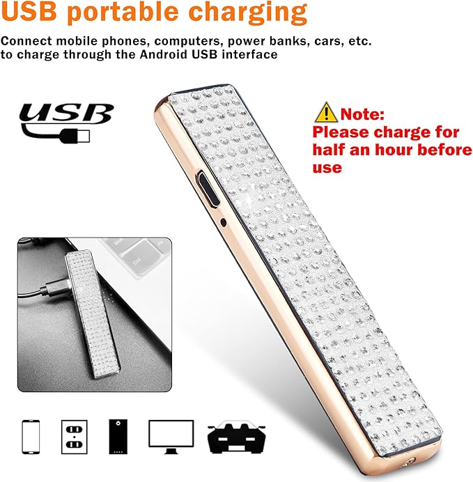 Rhinestone Lighter Electric Lighter Rechargeable Bling Glitter USB Lighter Flameless Girls Lighter for Women (White Sliver)