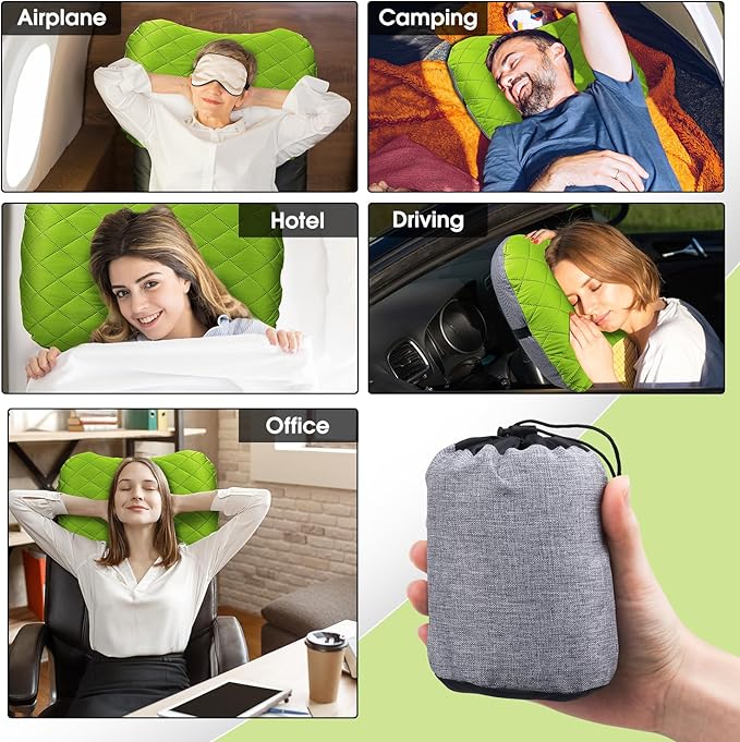Inflatable Camping Pillow with Removable Cover - Ultralight Compact Camp Pillows for Sleeping, Backpacking, Hiking, Beach, Outdoor - Portable Blow Up Air Travel Pillow for Neck & Lumbar Support -Green