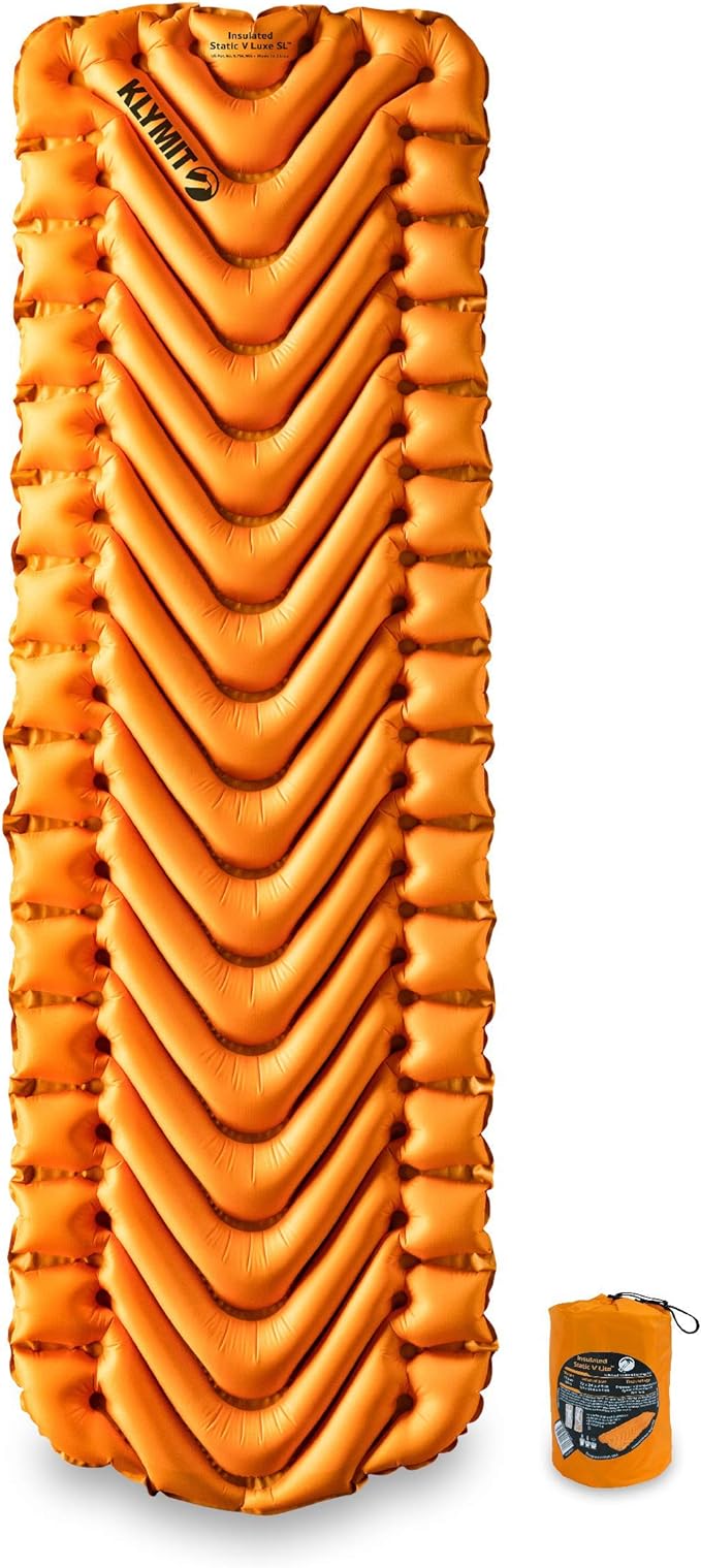 KLYMIT Insulated Static V Lite Inflatable Sleeping Pad | Comfortable, Lightweight, Easy to Inflate, Portable Air Bed for Hiking, Backpacking & Camping — Orange