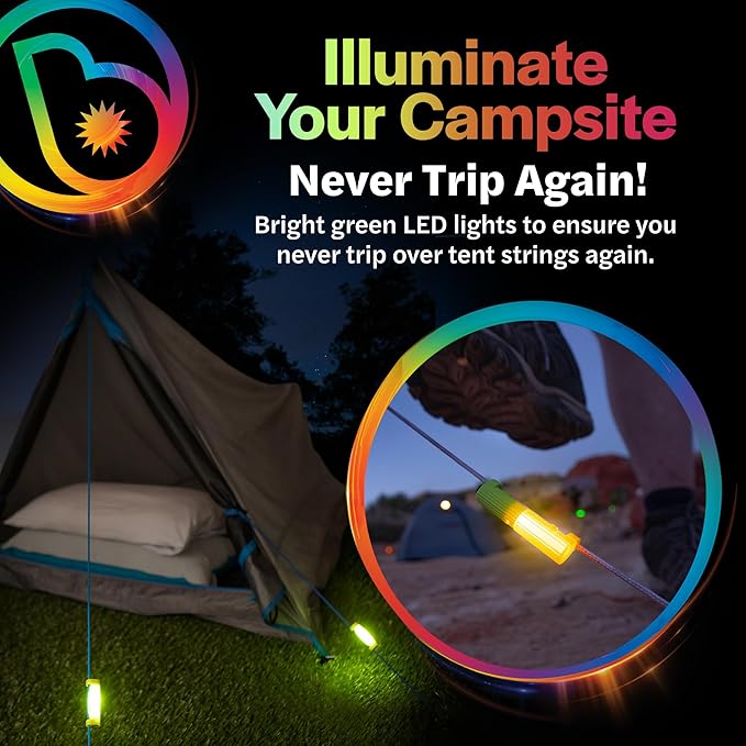 Brightz TentBrightz LED Tent String Lights for Guylines - Never Trip On Your Tent Strings Again - Keeps Tent Strings Visible at Night - Attaches to Tent Guy-Lines Campsite Safety Lights for Tents