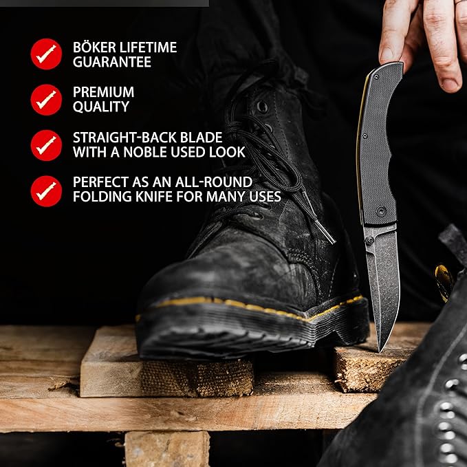 BÖKER PLUS® Poke Knife - Folding knife with D2 steel blade - Pocket knife with thumb pin - knife with linerlock - EDC knife with G10 handle scales black - Folding knife with case & gift box