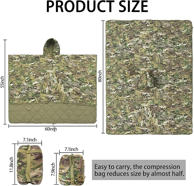 Poncho Liner Hoodie with Pocket Insulated Military Woobie Sleeping Bag Waterproof for Outdoor Camping Travel Survival Hunting Car Emergency