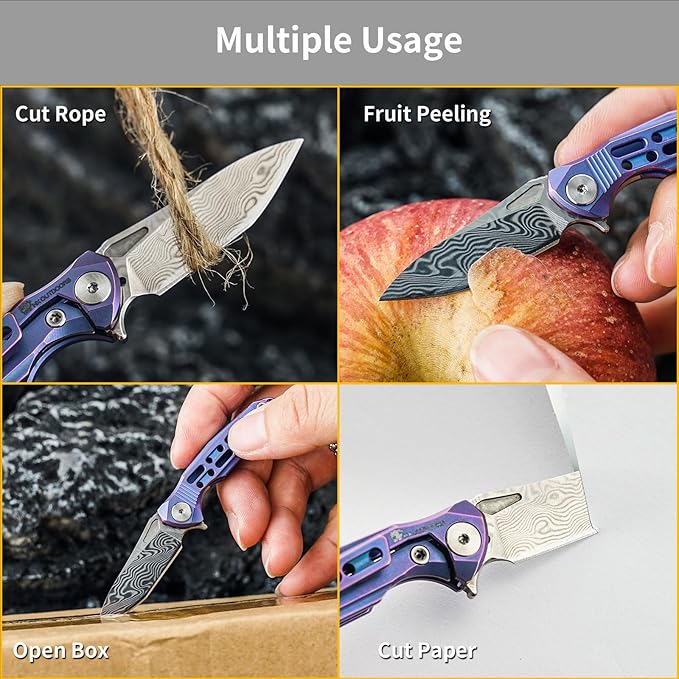 HX OUTDOORS Mini Pocket Knife, High End Damascus Steel Small Folding Knife with Non Slip Titanium Alloy Handle (Blue)
