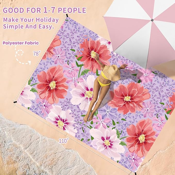 BYDOLL Beach Blanket Sandproof Waterproof 78''×110'' 1-7 Adults Compact Lightweight Oversized Beach Blanket Large Picnic Mat Beach Blanket for Travel Camping Hiking Picnic