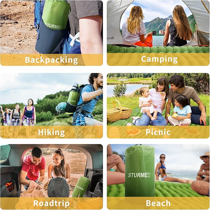 STURME Sleeping Pad for Camping, 3.9 Inch Thickness Self-inflating Camping Mattress with Foot Pump, Compact Air Mattress Ultralight Sleeping Mat with Pillow for Backpacking, Hiking, Outdoor -ArmyGreen
