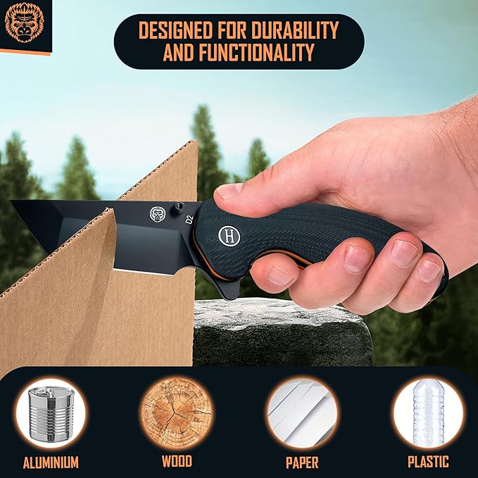 Holtzman's Gorilla Survival Folding Knife D2 Steel Blade G10 Handle Pocket Knife EDC Giftset for Men and Women (black blade + black/orange liner)