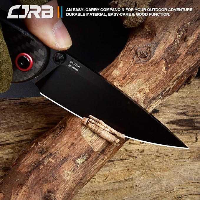 CJRB CUTLERY Folding Knife Feldspar(J1912) AR-RPM9 Powder Steel Black PVD Blade Carbon fiber Handle Pocket Knife EDC Knife, Carbon Fiber Handle