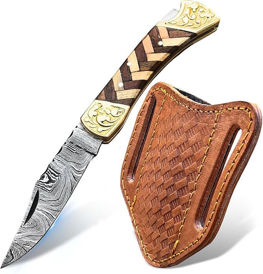 Handmade Damascus Pocket Knife with Sheath, 7" Folding Hunting Knife with Wood Handle, Small Camping Knife for Outdoor