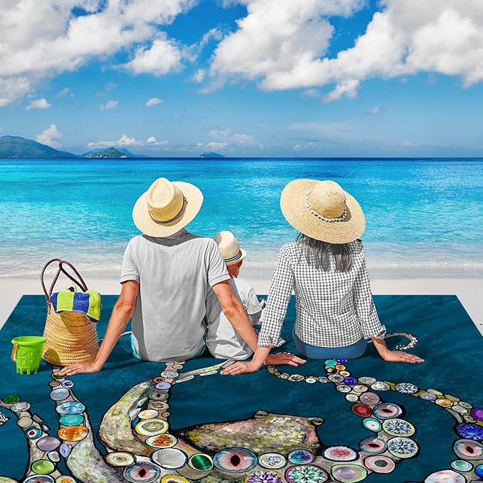 Beach Blanket Waterproof Sandproof, 78''×86'' Large Lightweight Beach Mat for 2-4 Adults with Stakes, Sand Free Quick Dry Outdoor Picnic Blankets for Travel, Camping, Hiking-Jewelry Octopus
