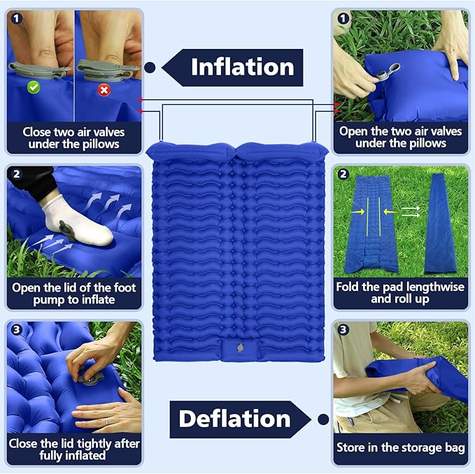 Double Camping Sleeping Pad with Built-in Foot Pump and Pillows Thick Inflatable 2 Person Portable Camping Mat for Hiking Backpacking Tent