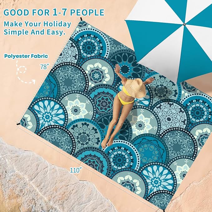 BYDOLL Beach Blanket Sandproof Waterproof 78''×110'' 1-7 Adults Compact Lightweight Oversized Beach Blanket Large Picnic Mat Beach Blanket for Travel Camping Hiking Picnic