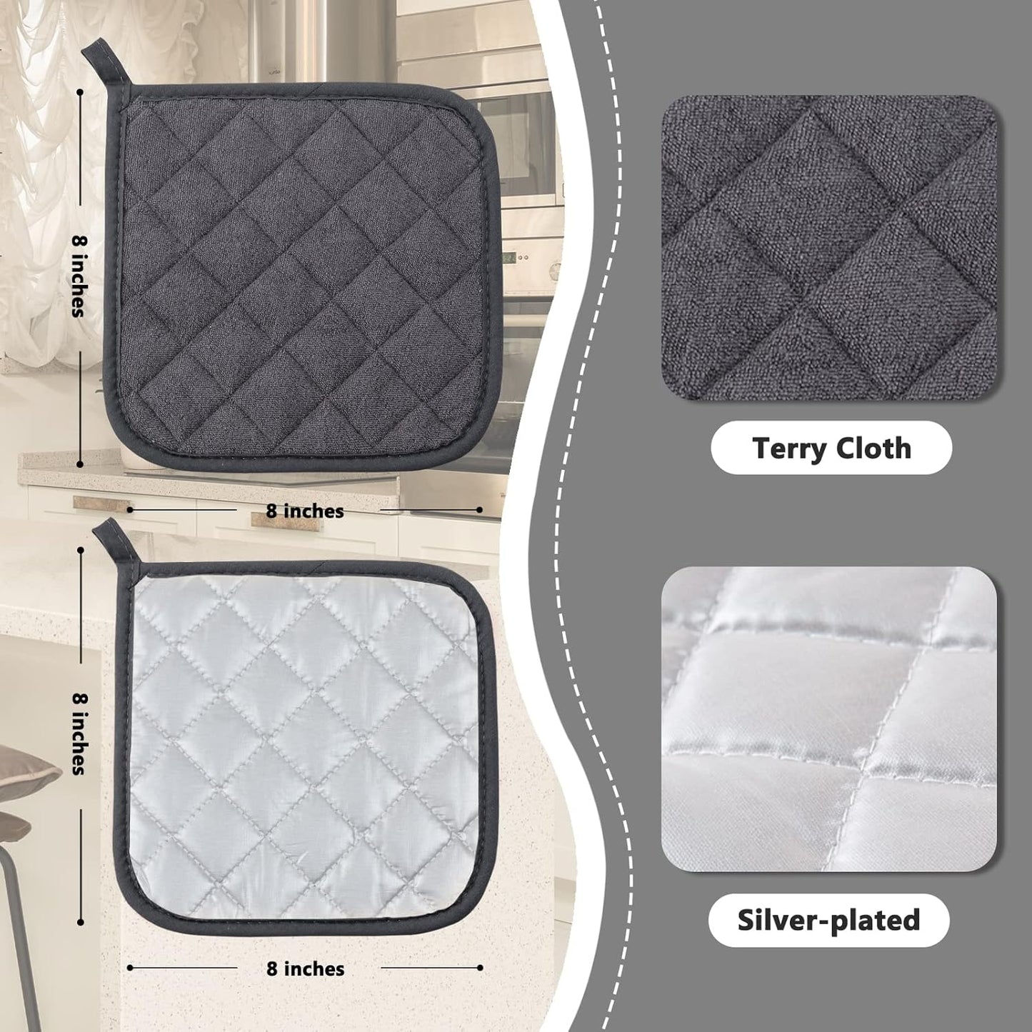 Joyhalo 4 Pack Pot Holders for Kitchen Clearance, Hot Pads for Kitchen, Countertops, Oven Pot Holders Bulk, Potholders Sets for Kitchens Heat Resistant, Grey