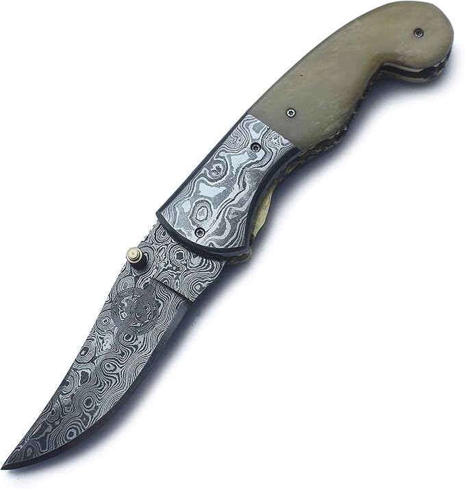 Handmade Damascus Folding Pocket Bowie Knife for Edc,Hunting,Survival,CampingBushcraft,Skinning and Fishing with Full Tang Camel Bone Handel and Cowhide-Leather Sheath For Men and Women (DCF26 - Typhoon)