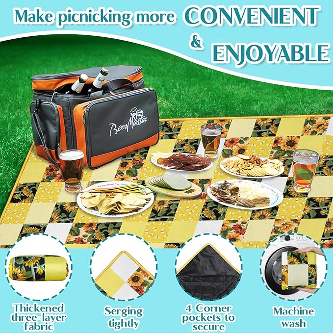 Sunflower Bee Picnic Blanket Waterproof Foldable Extra Large Picnic Mat Beach Blanket 60"x80" for Camping Beach Hiking Patio Party Outdoor Decor Gifts