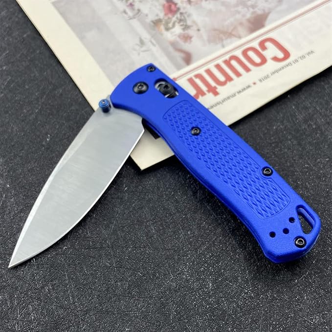 HUAAO Thumb Open Bugout Knife, Satin Plain Red Grivory Fiberglass Handle, Axis Lock Knife with Belt Clip, Everyday Carry Thumb Studs Manual Open (Blue)