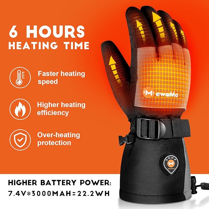 Heated Gloves for Men Women 7.4V Battery 22.2WH Rechargeable Heated Ski Gloves Touchscreen Waterproof Electric Heated Gloves for Winter Outdoor Work Skiing Hiking Camping Raynaud
