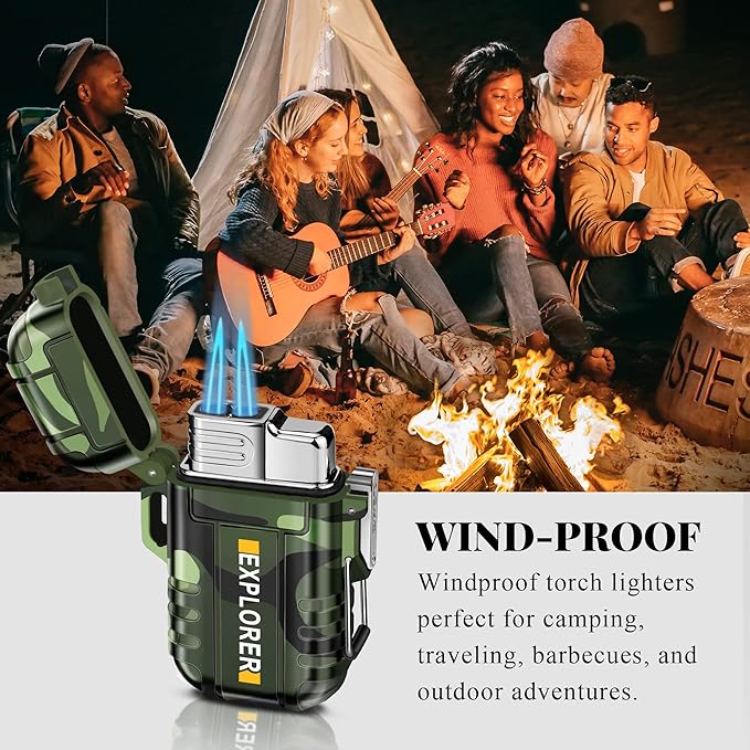 Torch Lighter, Double Jet Flame, Waterproof, Windproof, Refillable Butane Gas Lighters for Survival, Camping, Hiking, Grill