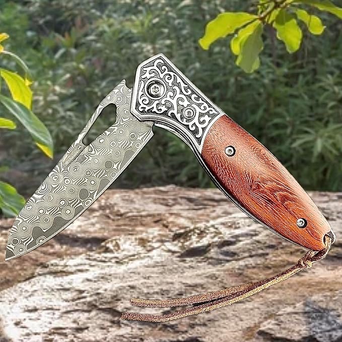 TACTICAL GEARZ Pocket Folding Knife w/Damascus Blade! Rosewood/Steel Handle, Includes Custom Stitched Leather Sheath! (Keno)