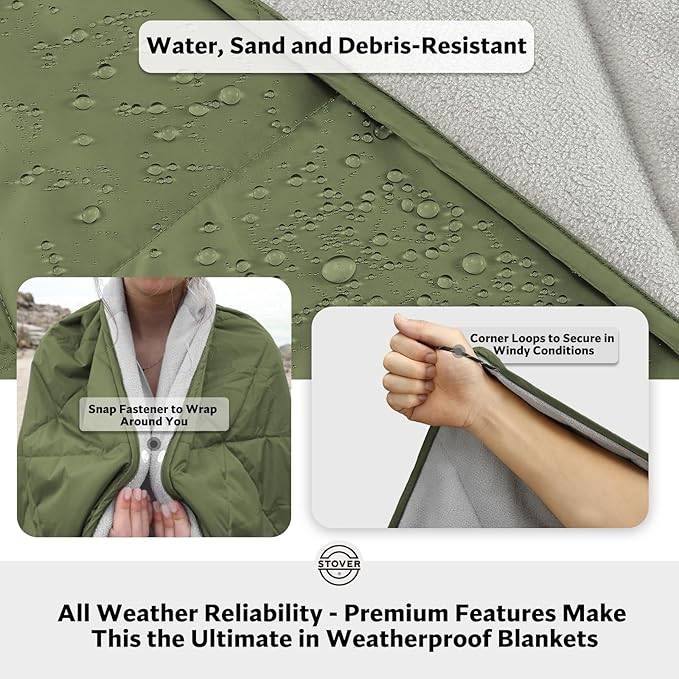 STOVER Multipurpose Outdoor Fleece Blanket, Lightweight, Compact, and Warm for Stadium, Camping, Picnics, Beaches - Wearable, Windproof and Water Resistant (Green)