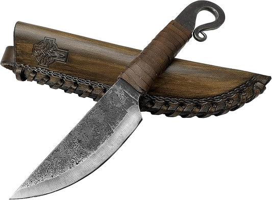 Toferner Hand Forged Knife Volute with Sheath, Vintage Knife for Antique Collection, Genuine Leather Case, Hardened Blade, Hand Made Craft, Gift Idea for Men (Brown)