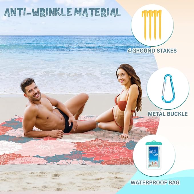 Beach Blanket Waterproof Sandproof 1-7 Adult Oversized 78 '' × 110 '' Lightweight Durable Compact Sand Free Beach Mat for Travel Camping Hiking Picnic Blanket Extra Large