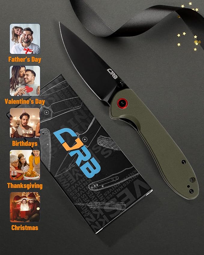 CJRB CUTLERY Folding Knife Feldspar(J1912) AR-RPM9 Powder Steel Black PVD Blade G10 Handle Pocket Knife EDC Knife,Army Green Handle