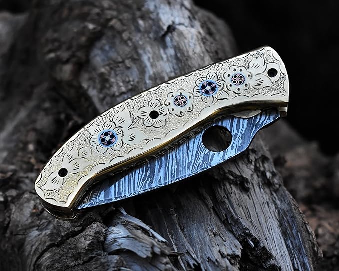 SHINY CRAFTS -Damascus Pocket Knife Knives For Men OTF Knife Survival Knife- Folding Knives - Everyday Carry - PlainEdge - Leather Sheath (FK 30)