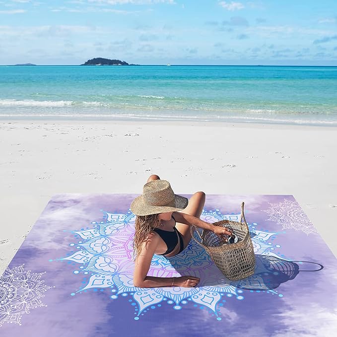 Large Beach Blanket Sandproof, Sand Free Waterproof Beach Mat for Up to 6 People with 4 Stakes, Polyester Foldable Picnic Blanket Beach Accessories for Outdoor Travel Camping Hiking