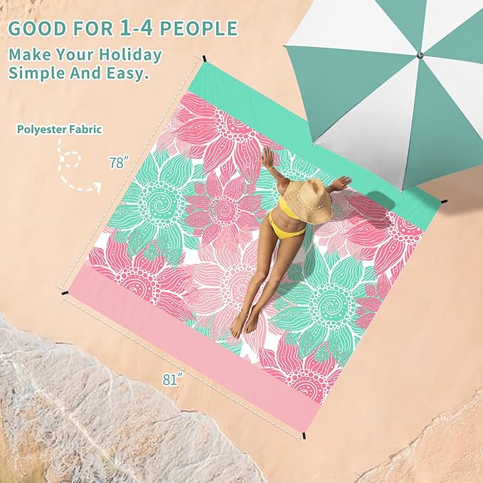 BYDOLL Beach Blanket Sandproof Waterproof 78''×81'' 1-4 Adults Compact Lightweight Oversized Beach Blanket Large Picnic Mat Beach Blanket for Travel Camping Hiking Picnic