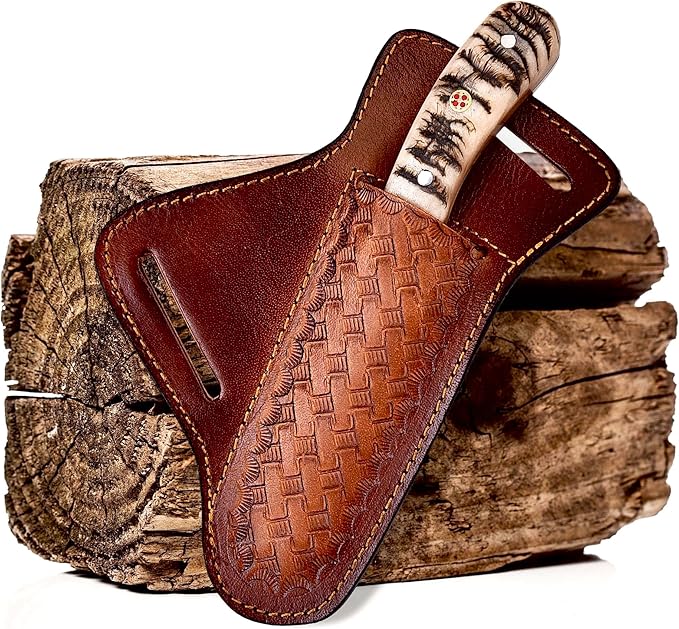 Handmade 1095 High Carbon Steel Bull Cutter Knife with Leather Sheath, Fixed Blade Cowboy Knife with Ram Horn Handle, Utility Knife, EDC Hunting, Outdoor - Camping (Ram Horn)