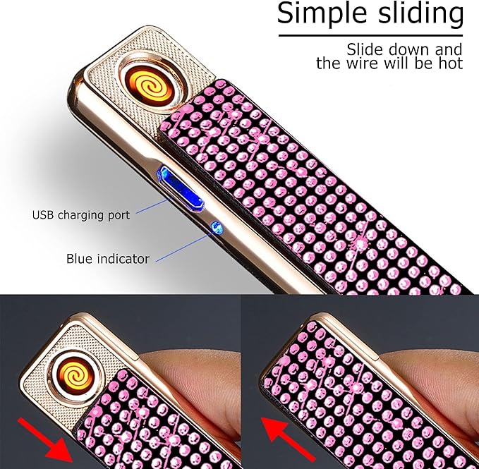 Rhinestone Lighter Electric Lighter Rechargeable Bling Glitter USB Lighter Flameless Girls Lighter for Women (Pink)