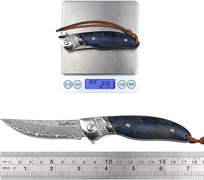 ALBATROSS HGDK028 EDC Sharp Mordern Damascus Folding Pocket Knife with Blue Fluorescent Carbon Handle,Ball Bearing Assisted Opening Knives with Liner Lock Tail rope，Gifts/Collections