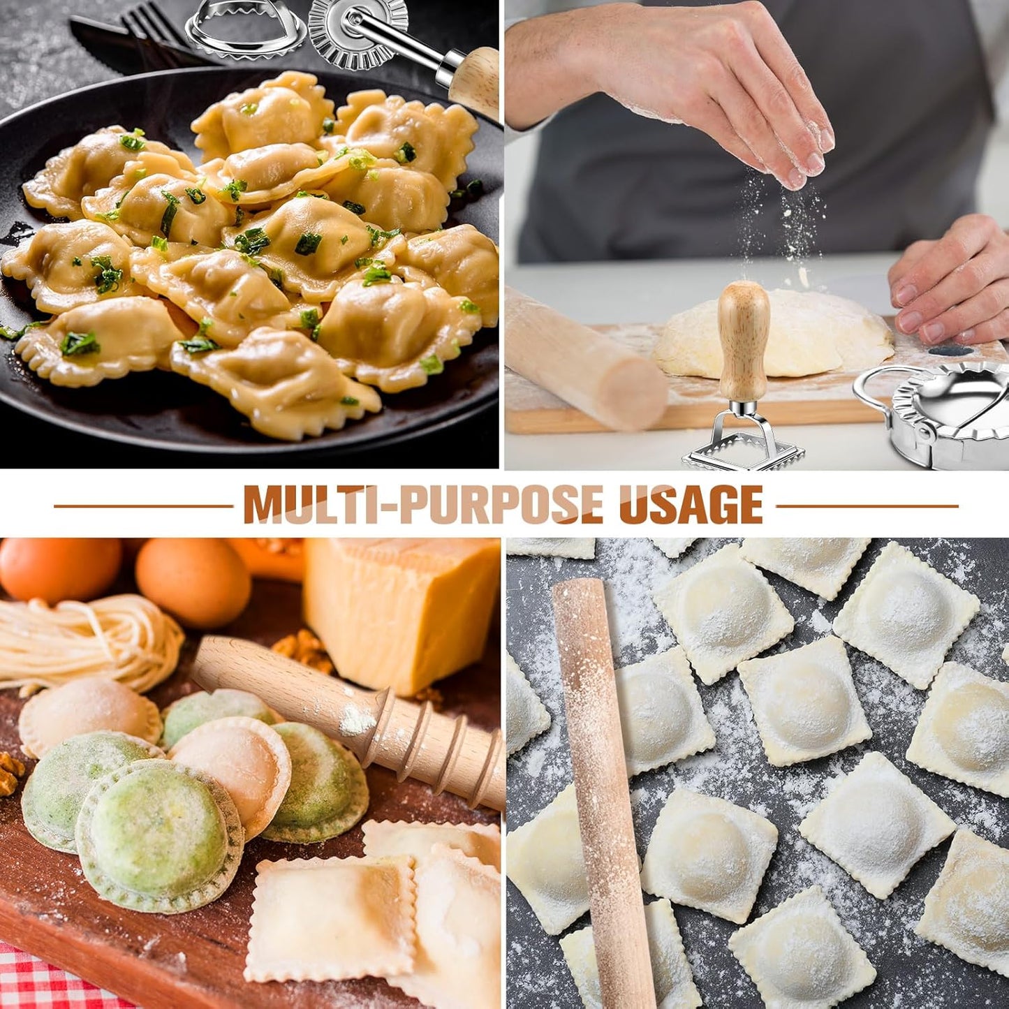 12 Piece Ravioli Mold Set with Press, Scraper, Cutter, Pierogi Maker, Rolling Pin, Gnocchi Board, Wooden Roller, and 4 Ravioli Stamp Maker Cutters for Making Pasta, Dumplings, and Pierogi
