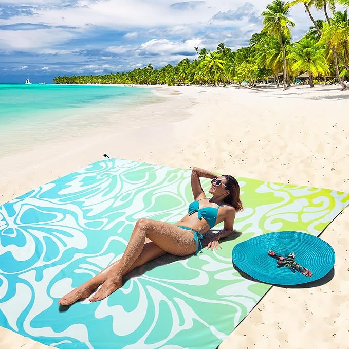 Beach Blanket, Sandproof Beach Mat, Waterproof Quick Drying Lightweight Outdoor Picnic Mat 79" X 83" for 2-4 Adults with Pocket for Travel, Camping, Hiking
