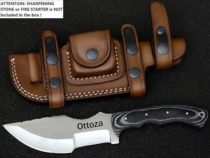Ottoza Tracker Knife & Micarta Handle - Fixed Blade Hunting Knife - Horizontal Carry Knife Sheath 373