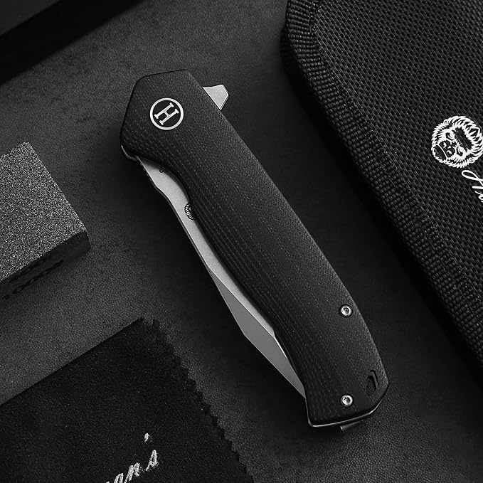 Holtzman's Gorilla Survival Folding Knife D2 Steel Blade G10 Handle Pocket Knife EDC Giftset for Men and Women (half stonewashed half silver blade + black handle)