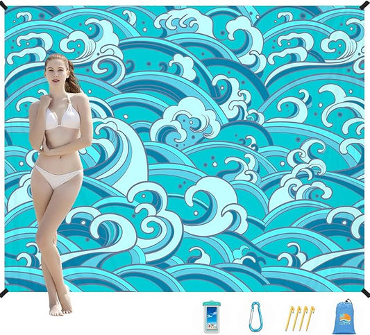 Beach Blanket Waterproof Sandproof 1-7 Adult Oversized 78 '' × 110 '' Lightweight Durable Compact Sand Free Beach Mat for Travel Camping Hiking Picnic Blanket Extra Large