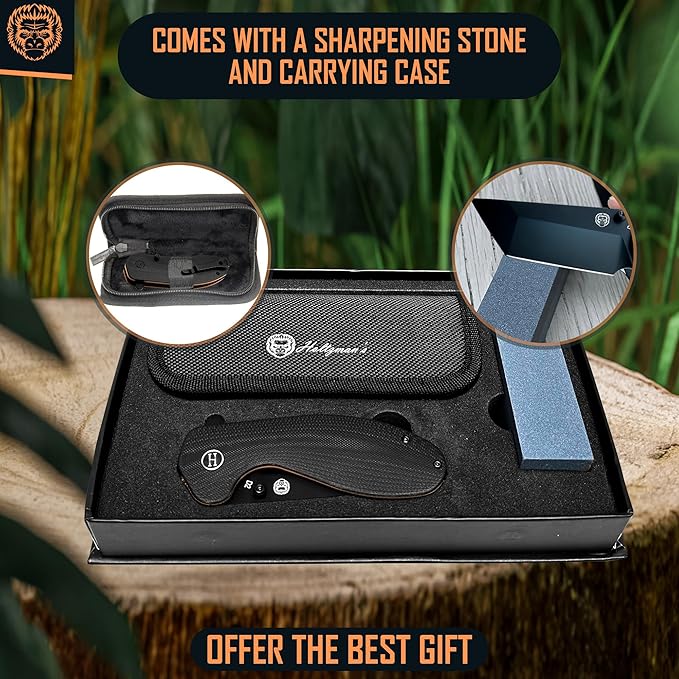 Holtzman's Gorilla Survival Folding Knife D2 Steel Blade G10 Handle Pocket Knife EDC Giftset for Men and Women (black blade + black/orange liner)